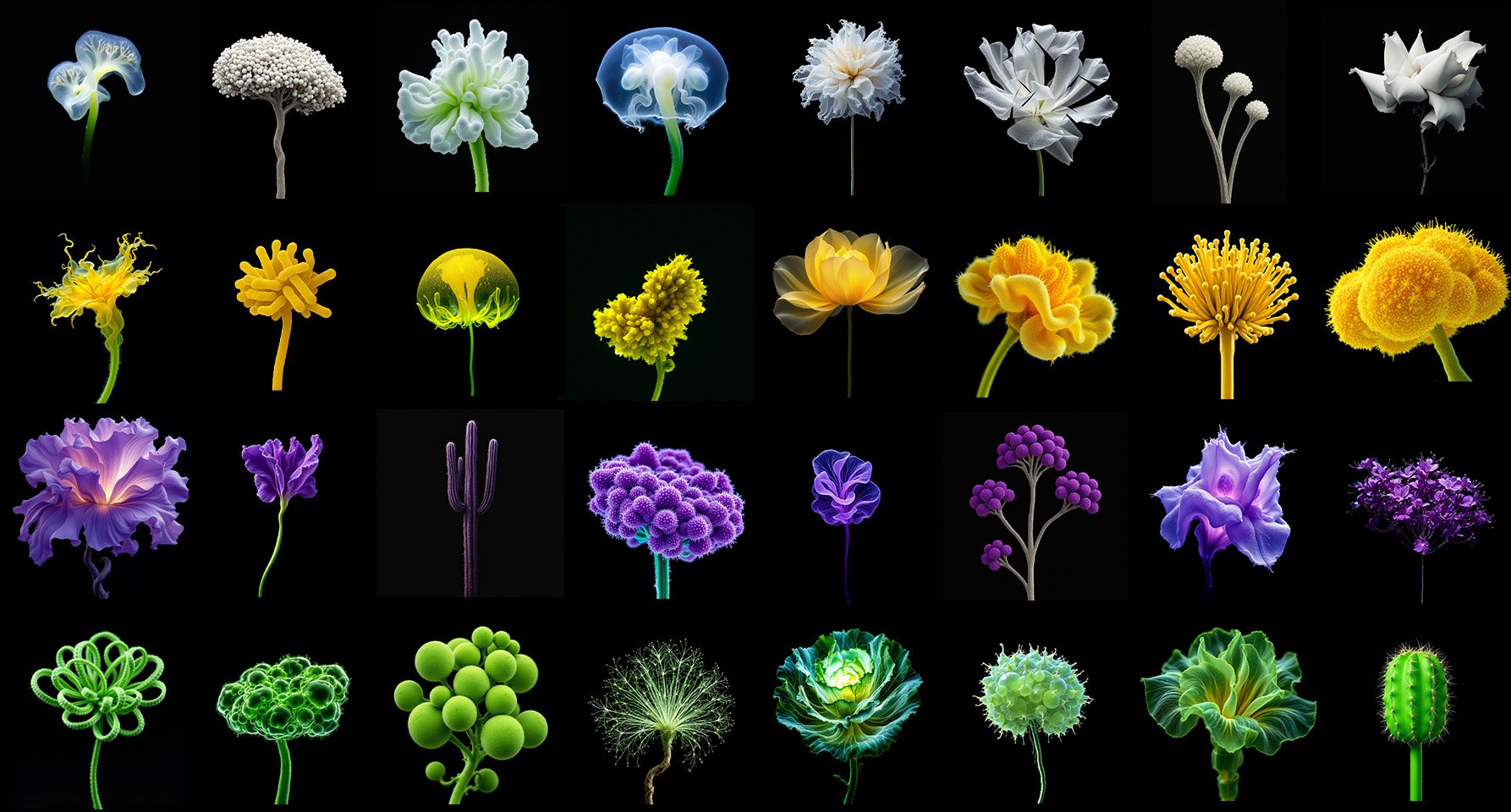 Thirty-two imaginary flower species in white, yellow, purple and green, resembling coral, jellyfish and alien plants