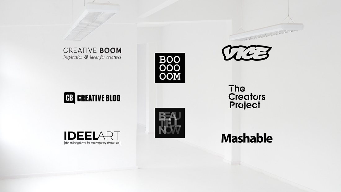 Logos of publications that covered the project: Creative Boom, Booooooom, Vice, Creative Bloq, The Creators Project, IdeelArt, Mashable