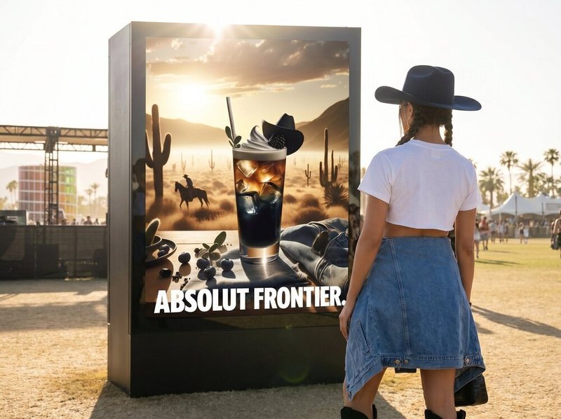 Participant in a cowboy hat beside her Absolut Frontier cocktail screen