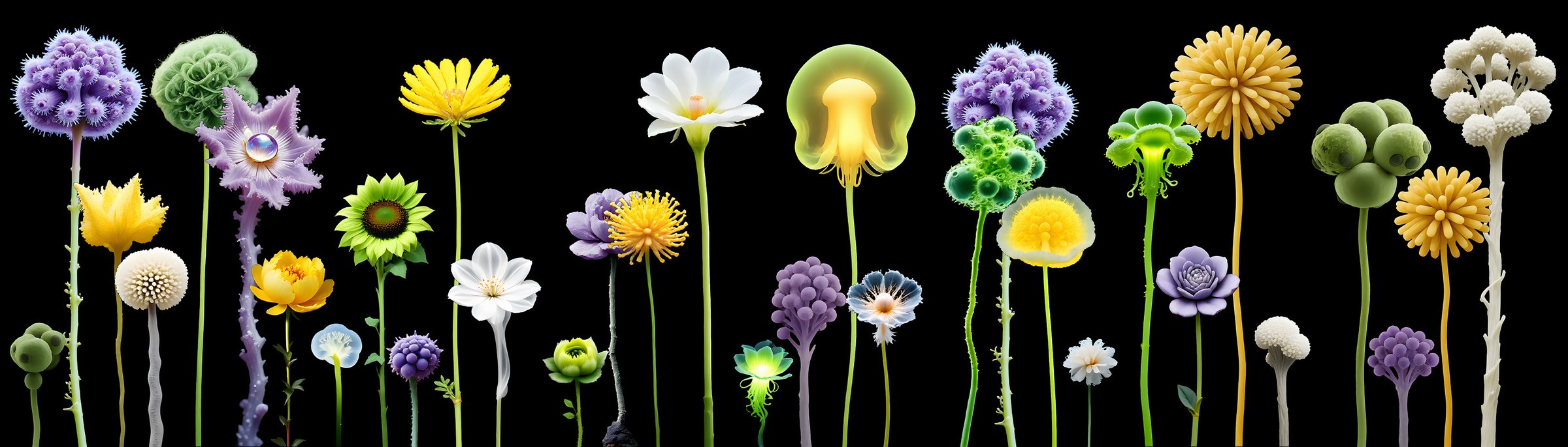 A row of imaginary AI-generated flowers in green, purple, yellow and white on a black background
