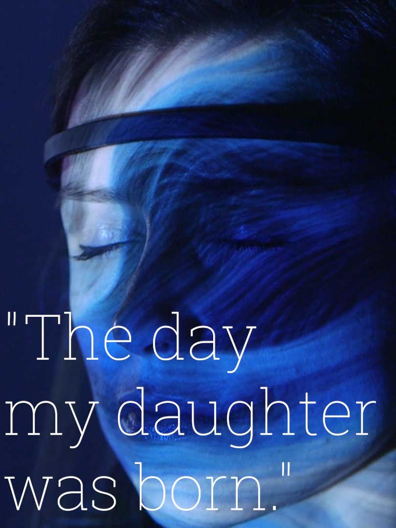 Participant with eyes closed, overlaid with the memory 'The day my daughter was born'
