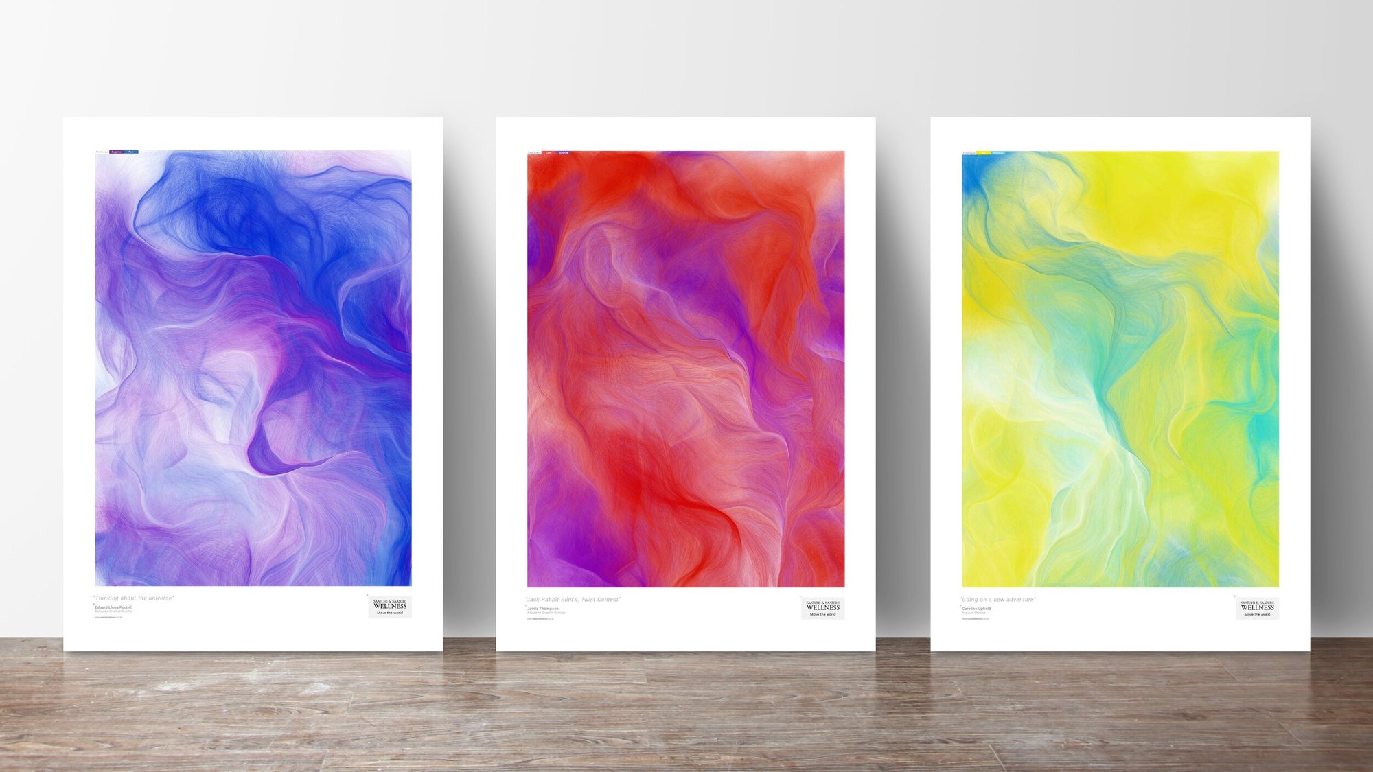 Three printed brainwave paintings in blue, red and yellow