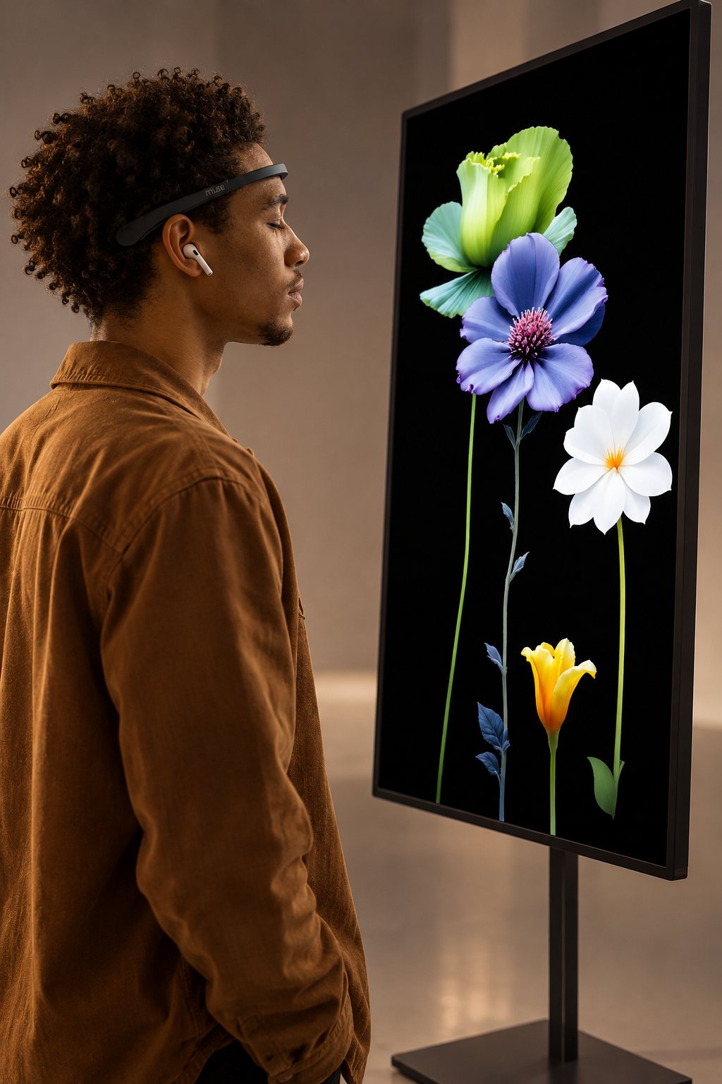 A visitor wearing an EEG headband looks at a tall screen showing green, purple, white and yellow flowers
