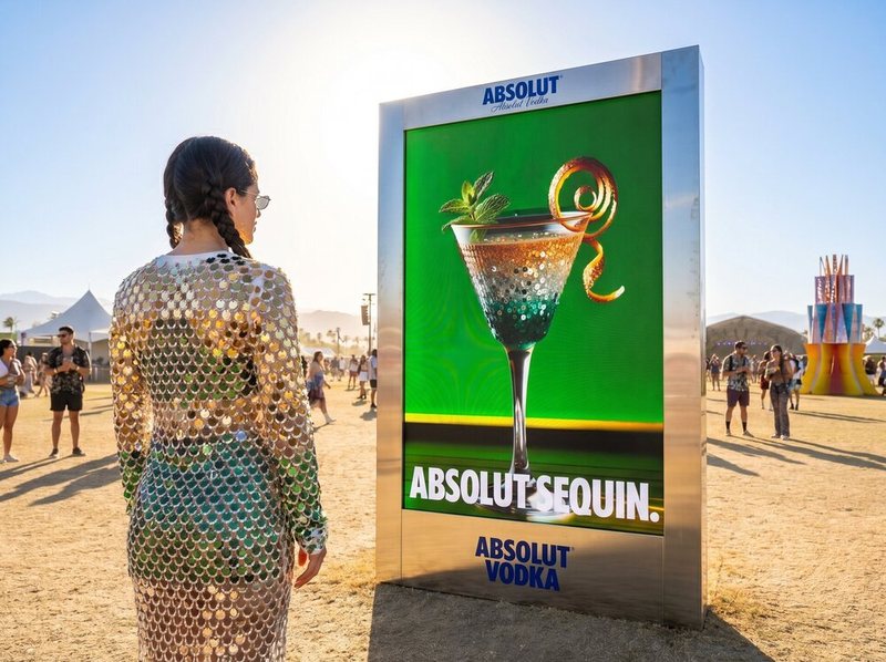 Participant in a sequin outfit beside her Absolut Sequin cocktail screen