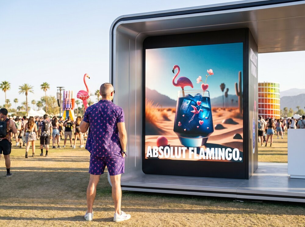 Festival-goer facing his Absolut Flamingo cocktail portrait on a screen at Coachella