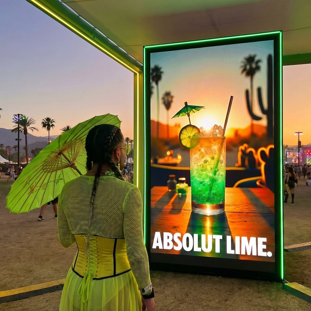 Absolut Human Cocktails: festival-goer with a parasol in front of her Absolut Lime cocktail