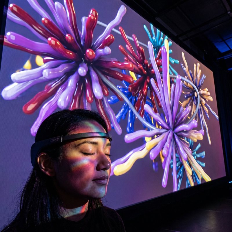 Close-up of a woman in an EEG headband lit by colourful 3D brainwave sculptures