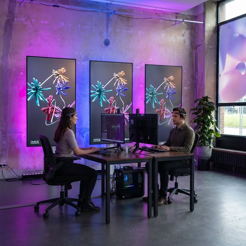 Participants at desks wearing EEG headsets while their brain activity is recorded, MX Mind Gallery