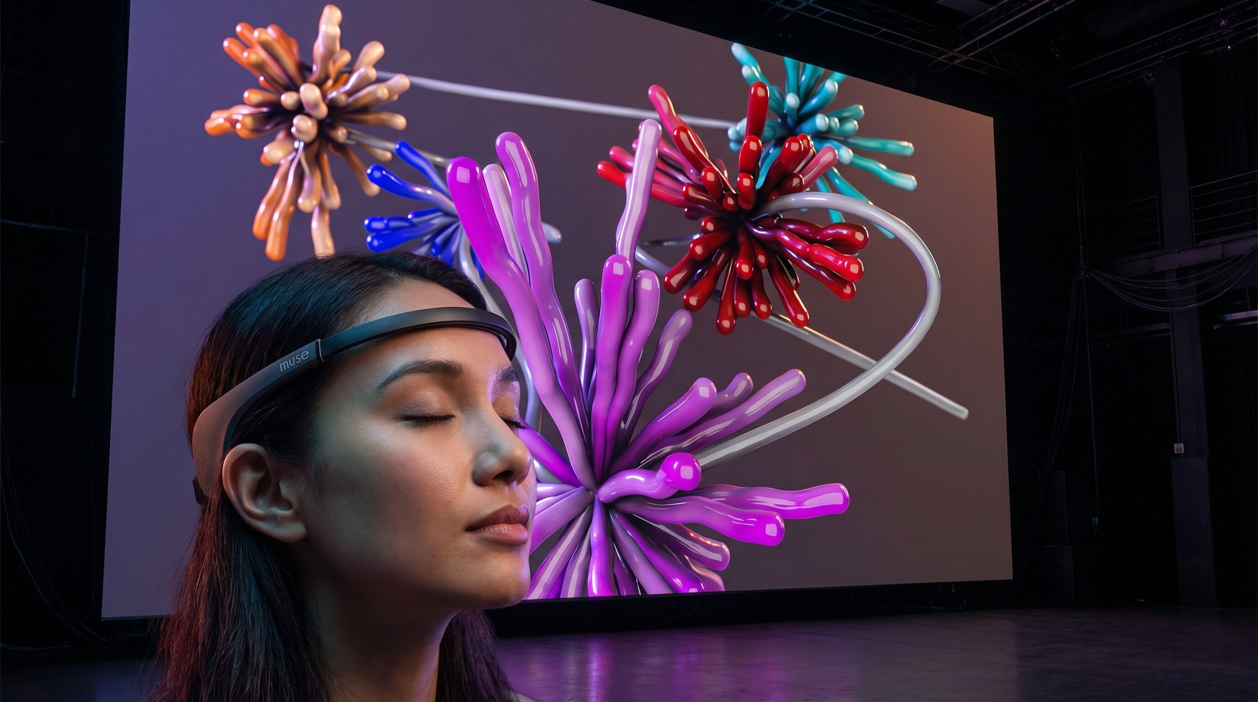 Logitech MX Mind Gallery: woman wearing an EEG headband in front of her 3D brainwave sculpture