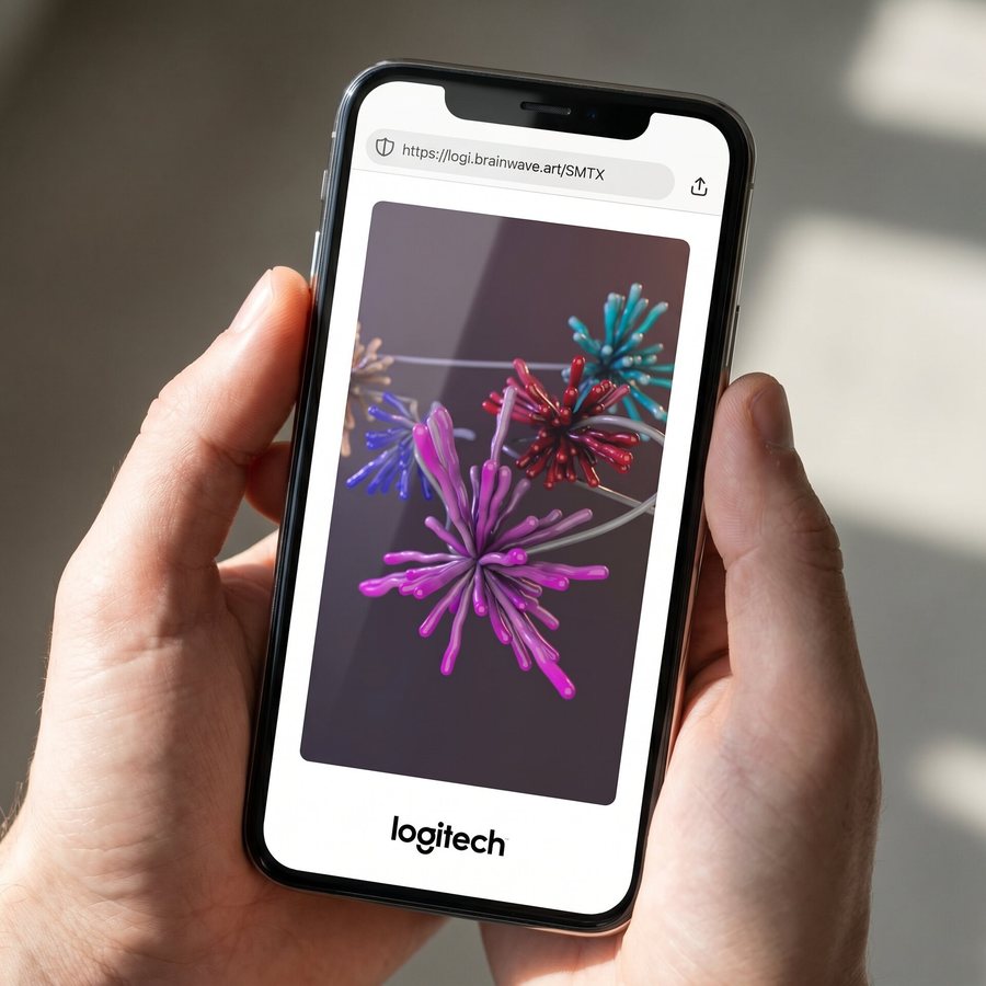 Phone showing a participant's brainwave artwork on their personal microsite