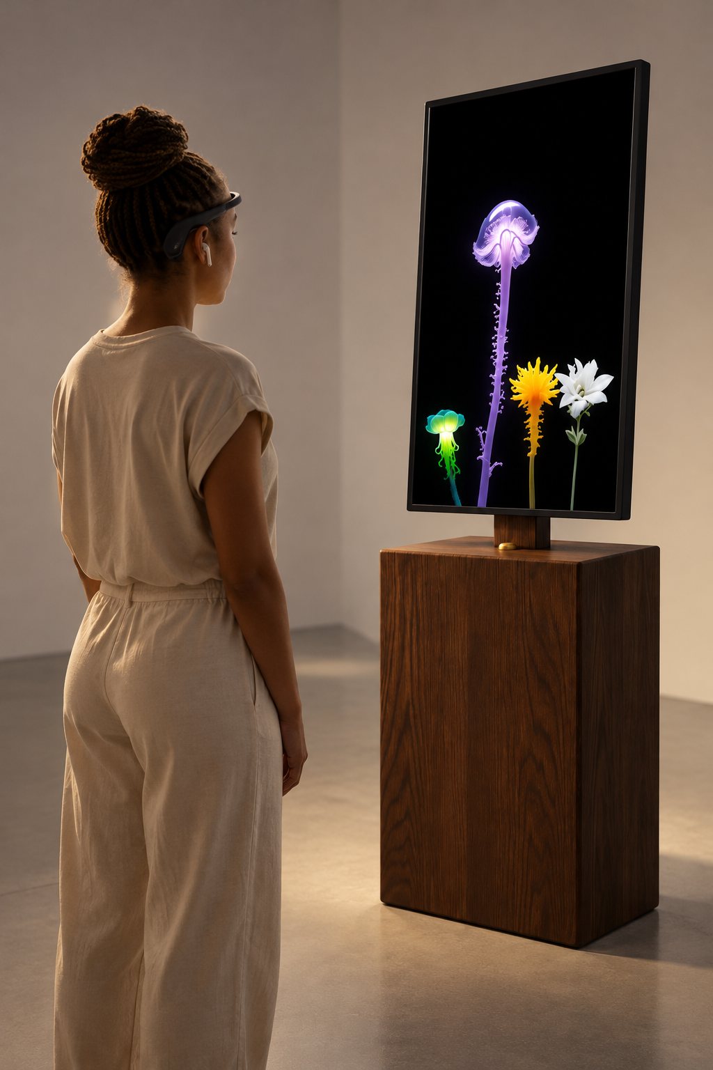 A visitor wearing an EEG headband stands before the installation, a screen on a wooden plinth showing four glowing flowers