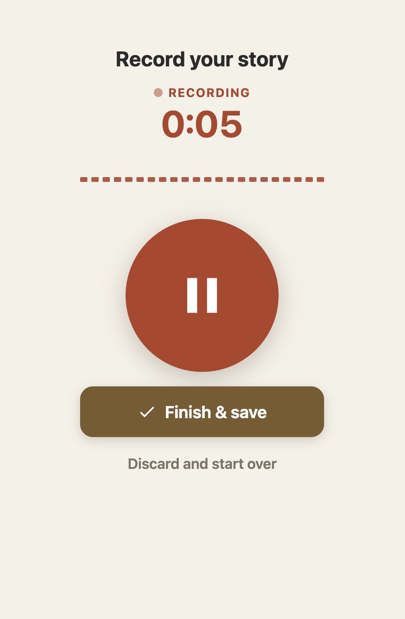 The Storynest recording screen: a large pause button, a running timer and a Finish & save button