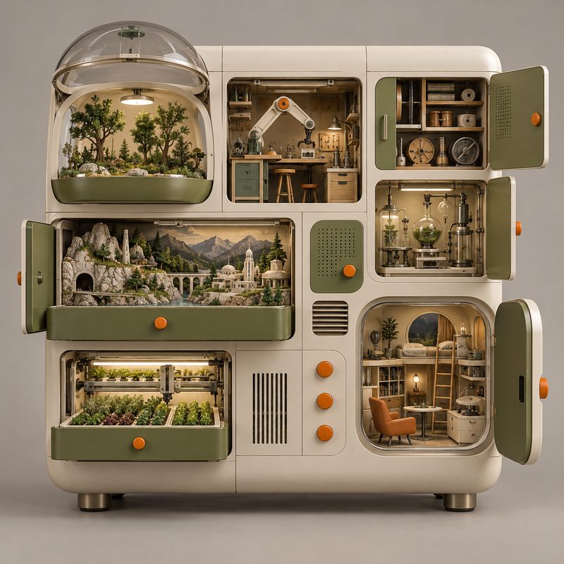 A retro-futuristic cabinet whose open compartments hold miniature worlds: a forest under a glass dome, a robot-arm workshop, a lab, a mountain village, a greenhouse and a tiny living room