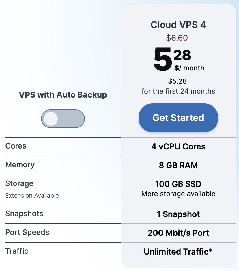 Contabo Cloud VPS 4 plan: 5.28 dollars a month for the first 24 months, 4 vCPU cores, 8 GB RAM, 100 GB SSD, 1 snapshot, a 200 Mbit/s port and unlimited traffic