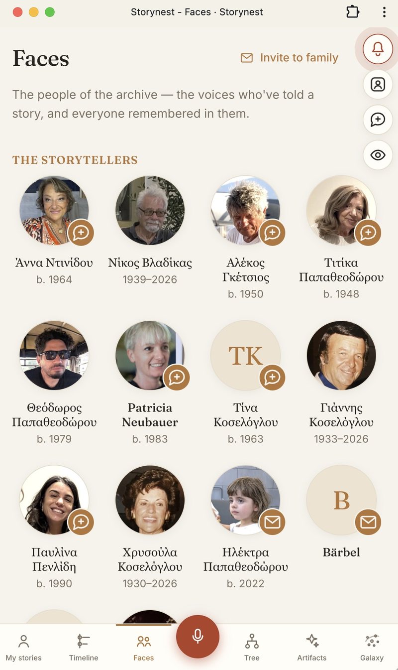 The Faces page: portraits of the family's storytellers with their names and years of birth