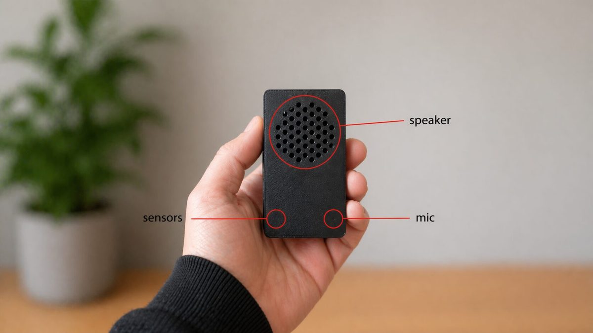 Hand holding the voice-programmable speaker prototype, with the speaker, microphone and sensors labelled