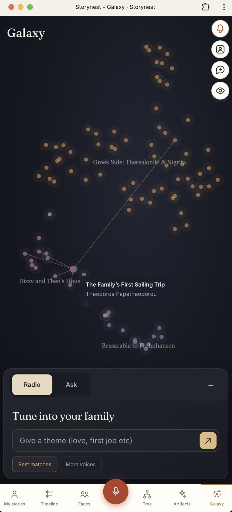 The galaxy on a phone: clusters of stars with topic names such as “Greek Side: Thessaloniki & Nigrita”, one story highlighted, and the Radio panel asking for a theme